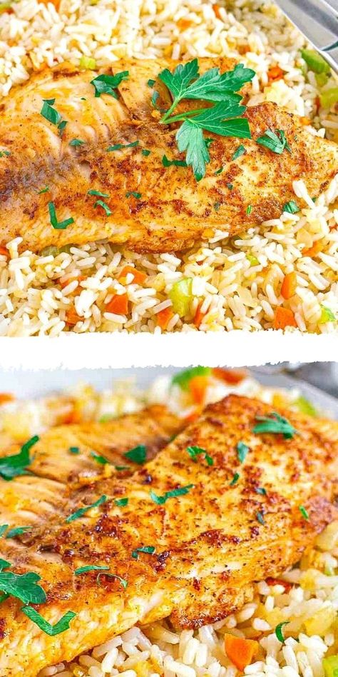 Tilapia And Rice Noodles, Tilapia And Rice, Oven Baked Tilapia, Baked Tilapia Recipes, Cabbage Side Dish, Flounder Recipes, Jasmine Rice Recipes, Paprika Recipes, Fish Meals