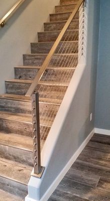 Cable Railing Interior, Entryway Remodel, Cable Stair Railing, Indoor Stair Railing, Basement Stair, Basement Stairs Ideas, Stair Ideas, Open Stairs, Cable Railing Systems