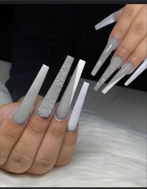 Acrylic Coffin Long Nails, Grey Long Acrylic Nails Square, Cute Grey Acrylic Nails, Baddie Grey Nails, Grey Long Nails Ideas, Long Acrylic Nails Gray, Grey Nail Ideas Acrylic Long, Long Blue Nails With Design, Long Square Acrylic Nails Gray