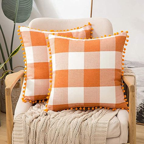 Amazon.com: MIULEE Set of 2 Retro Farmhouse Buffalo Plaid Check Pillow Cases with Pom-poms Fall Decorative Throw Pillow Covers Cushion Case for Sofa Couch 18x18 Inch Orange: Home & Kitchen Buffalo Plaid Pillows, Buffalo Check Pillows, Buffalo Plaid Decor, Plaid Pillow Covers, Farmhouse Throw Pillow, Plaid Throw Pillows, Fall Throw Pillows, Fall Pillow Cover, Plaid Pillow