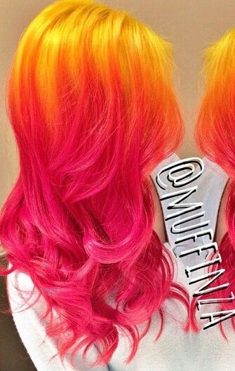 Yellow pink ombre hair Sunset Hair, Pink Ombre Hair, Hair Color Orange, Kadeřnické Trendy, Cute Hair Colors, Neon Hair, Art Hair, Fun Hair, Bright Hair