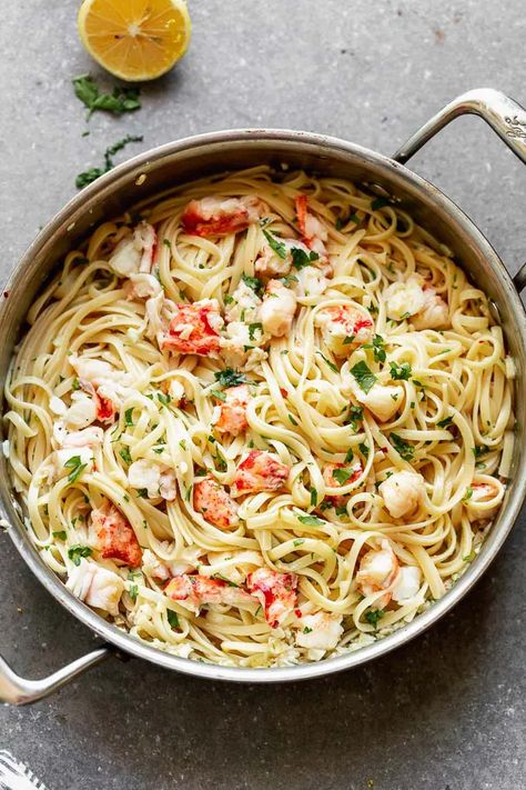 Lobster Scampi with Linguine - Cooking for Keeps Recipes With Lobster Tails, Lobster Noodles Recipe, Lobster Tail And Pasta Recipes, Pasta With Lobster Tails, Lobster Scampi Linguini, Lobster And Pasta Recipes, Lobster Pieces Recipes, Lobster Tail Pasta Recipe, Lobster Linguini Recipe