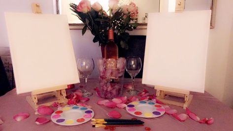 Romantic Sip And Paint At Home Set Up, Sip And Paint Ideas Couples At Home Set Up, At Home Paint Night Ideas Couples, Paint Date Night At Home, Home Date Night Ideas Set Up, Food Date Night, Valentine Bedroom, Romantic Home Dates, Valentine Bedroom Decor