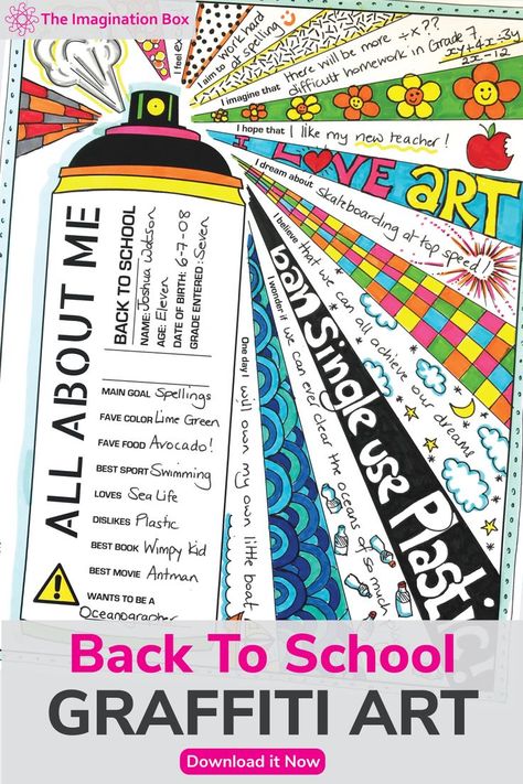 Middle school students love these ‘All About Me’ fun art and writing activities. Cool, no prep back to school art projects for the classroom. Easy lesson plans for 4th, 5th, 6th, 7th grade teachers and homeschoolers to use as first week back getting to know you resources, encouraging creative expression. These finished coloring pages and worksheets make great displays for bulletin boards and classroom doors. Click the ‘visit’ button to download and create your own About Me artworks! Finished Coloring Pages, School Graffiti, All About Me Art, School Art Activities, Art And Writing, All About Me Activities, Classroom Doors, Middle School Art Projects, About Me Activities