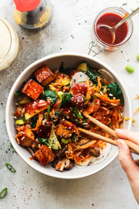 Vegan Bibimbap, Meal Prep Vegan, Lunch Vegetarian, Protein Calculator, Meal Prep For Work, Bibimbap Recipe, Chicken Brown Rice, Lazy Cat Kitchen, Pasta Chicken