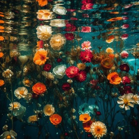 Beautiful flower arrangement under water Flowers Reflection In Water, Flowers Floating In Water, Flowers Underwater, Underwater Aesthetic, Flowers In Water, Flowers And Water, Flower Styling, Pool Photoshoot, Underwater Flowers