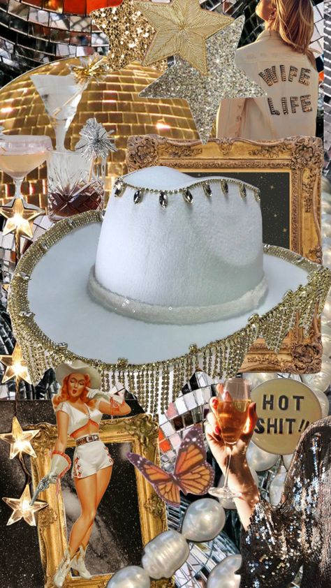 Golden gals #yeehaw #rhinestone #cowgirl #cowboy #cowthey #hat #fringe #gold #embellished #country #western #white #sequin #tassels #tassle #strass #bling White And Gold Hen Party, Rhinestone Cowboy Aesthetic, Rhinestone Cowboy Party, Gold Cowgirl Outfit, Western Glam Party, Cowgirls And Cocktails, Rhinestone Cowgirl Aesthetic, Rhinestone Cowgirl Bachelorette, Golden Cowgirl