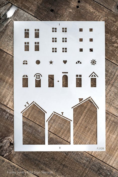 DIY Christmas village with wood and stencils - Funky Junk InteriorsFunky Junk Interiors Wood Stencil Projects, Wood Houses Craft Christmas, Scrap Wood Christmas Village, Small Wooden Houses Craft, Wood House Decor, Diy Christmas Village Houses, Houses Farmhouse, House Christmas Decor, Pottery Templates