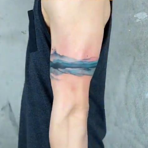 Wave Watercolor Tattoo, Mountain Tattoo Abstract, Unique Animal Tattoos, Lake Tattoo, Cuff Tattoo, Band Tattoo Designs, Wave Tattoo, Water Tattoo, Wolf Artwork