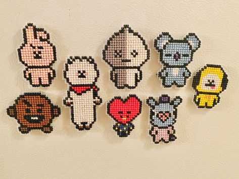 Adorable BT21 cross stitch magnets #bts #bt21 #btsfanart Bts Cross Stitch Patterns, Pokemon Cross Stitch Patterns, Pokemon Cross Stitch, Fuse Bead Patterns, Pola Kristik, Cross Stitch Bookmarks, Fuse Beads, Bts Fanart, Alpha Patterns