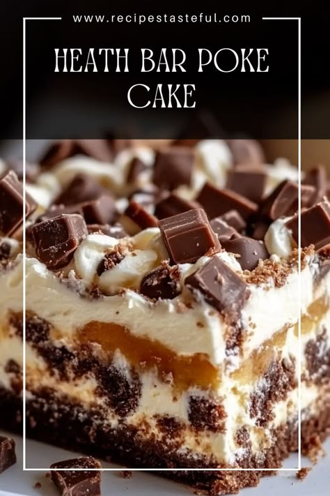 A rich and indulgent chocolate poke cake infused with sweetened condensed milk and topped with caramel, whipped topping, and Heath bar bits. Heath Bar Poke Cake, Heath Bar Dessert, Sweetened Condensed Milk Desserts, Heath Cake, Heath Bar Cake, Condensed Milk Desserts, Heath Bar, Chocolate Poke Cake, Heath Bars