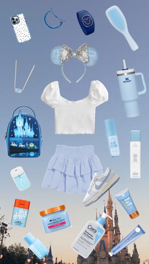 #cinderella #blue #white #outfitinspo #beauty #cute #preppy #disney #princess #disneyprincess #disneyworld #magickingdom #castle #skincare #disneybounding #disneyland Cinderella Disneybound, Cinderella Halloween Costume, Disney Park Outfit, Disney Character Outfits, Disney Bound Outfits Casual, Disney Trip Outfits, Disney World Packing, Cinderella Blue, Disney Princess Outfits