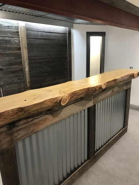 Live Edge Checkout Counter, Cedar Bar Top, Turn Cabinet Into Bar, Bar Fronts Ideas, Love Edge Bar Top, Live Edge Bars, Live Edge Bar Ideas, Bar Front Ideas, Rustic Bar Ideas