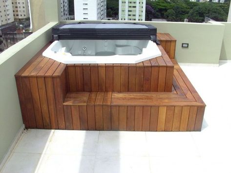 Outdoor Hot Tub Patio, Patio Hot Tub, Hot Tub Deck Design, Hot Tub Bar, Small Hot Tub, Hot Tub Pergola, Hot Tub Steps, Backyard Spa, Kleiner Pool Design