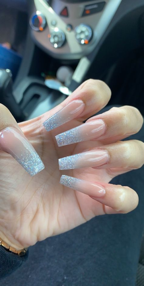 Silver Ombre Nails Glitter, Nails For Grey Prom Dress, Silver Nude Nails, Silver Ombré Nails, Silver Glitter Ombre Nails, Silver And Nude Nails, Nude And Silver Nails, Silver Ombre Nails, Silver Sparkly Nails