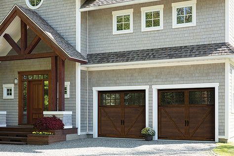 Brown Garage Doors, Brown Garage Door, Carriage House Garage Doors, Garage Door House, Wooden Garage Doors, Carriage House Garage, Wood Garage, Garage Door Types, Garage Door Styles