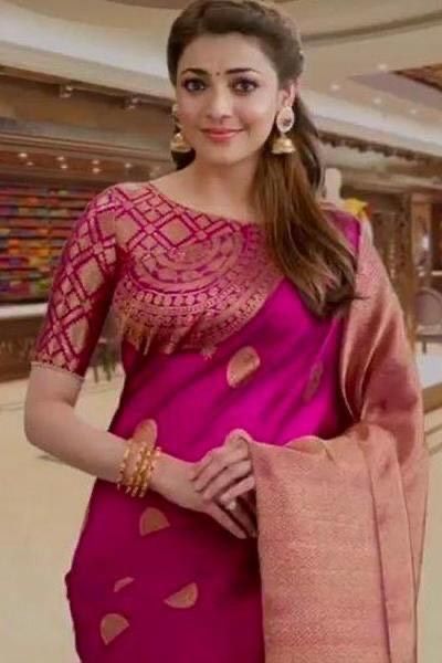 Kajal Agarwal Classy Silk Blouse Blouse Designs Pattern, Pink Silk Saree, Wedding Saree Blouse Designs, Sari Blouse Designs, Indian Saree Blouses Designs, Silk Saree Blouse Designs, Half Saree Designs, Blouse Designs Silk, Elegant Blouse Designs