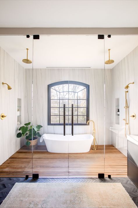 Stand Alone Bath Tub, Charleston Interior Design, Teak Shower Floor, Spa Bathroom Design, Stand Alone Tub, Teak Flooring, Spa Bathroom, Bathroom Spa, Bathroom Renos