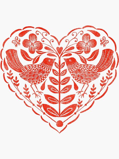 "Folk Art Heart" Sticker for Sale by Theodora Gould German Folk Art Traditional, Heart Folk Art, Folk Art Logo, Simple Folk Art, Folk Aesthetic, Folk Art Heart, Mexican Heart, Folk Illustration, Folk Art Design