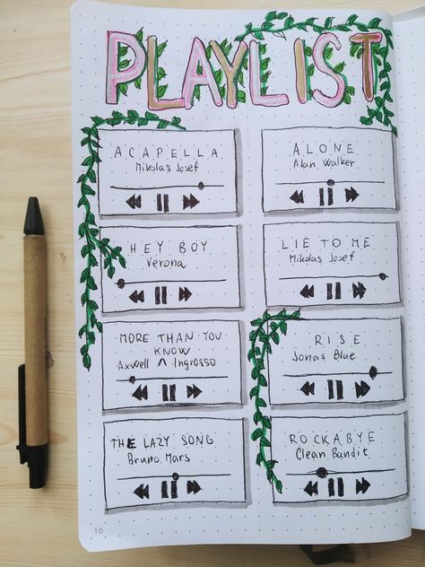 Music Playlist Journal Ideas, August Playlist Bullet Journal, Playlist Sketch, Playlist Doodle, Playlist Drawing Ideas, Spotify Playlist Drawing, Playlist Drawing, Playlist Art, Journal 2024