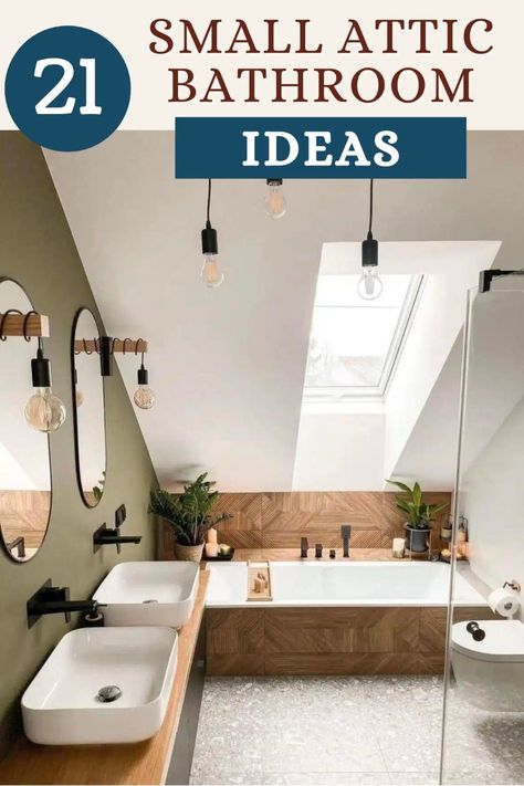 Discover how to transform your attic into a beautiful bathroom retreat with our innovative small bathroom ideas. Click through for design tips that make the most of sloped ceilings and follow us for more inspiring transformations. Bathroom In Roof Space, Bathtub Slanted Ceiling, Slanted Ceiling Bathroom Ideas Decor, Bathroom With Low Slanted Ceiling, High Ceiling Small Bathroom Ideas, Attic Bedroom Ensuite, Finished Attic Bathroom, Attic Bathroom Small Half Baths Sloped Ceiling, Eaves Shower Room