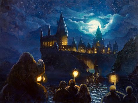 To purchase a print or the original, email art@christopherclarkart.com  This is an original Harry Potter oil painting by fine artist Christopher Clark. It’s tradition at Hogwarts School of Witchcraft and Wizardry that first year students arrive at the school via a boat voyage across the Black Lake. Here we see Hagrid lighting the way, with Harry, Ron, and Hermione in their little tiny boat, on their way to begin the adventure of a lifetime. In the sky, if you look carefully, you’ll notice con... Harry Potter Boats To Hogwarts, Hogwarts Oil Painting, Harry Potter Oil Painting, Cute Animated Pictures, Hogwarts Boats, Hogwarts Castle Painting, Hogwarts Painting, Harry Potter Cute, Harry Potter Watercolor