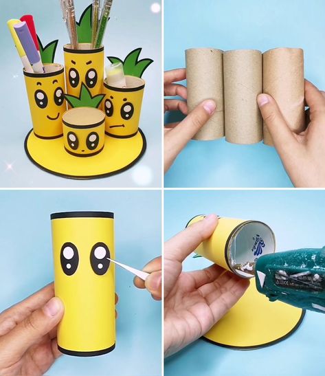 Toilet Paper Roll Craft and Project Ideas | toilet paper | Easy Toilet Paper Roll Crafts the Kids will Love to Make! | By Activities For Kids | Facebook | Hello everyone, let's make a pineapple pen holder. Take three toilet paper roll, cut them, now take four yellow sheets, add double sided tape, roll it around. Now add eyes, leaves, draw its brows and face. Make three more like this for base take a circular cardboard, stick a black paper and yellow sheet over it. Now using blue gun, place them Things To Make With Toilet Paper Rolls, What To Do With Toilet Paper Rolls, Toilet Paper Roll Crafts For Adults Diy, Crafts With Toilet Paper Rolls, Easy Toilet Paper Roll Crafts, Pineapple Pen, Pen Holder Diy, Porta Penne, Tube Crafts