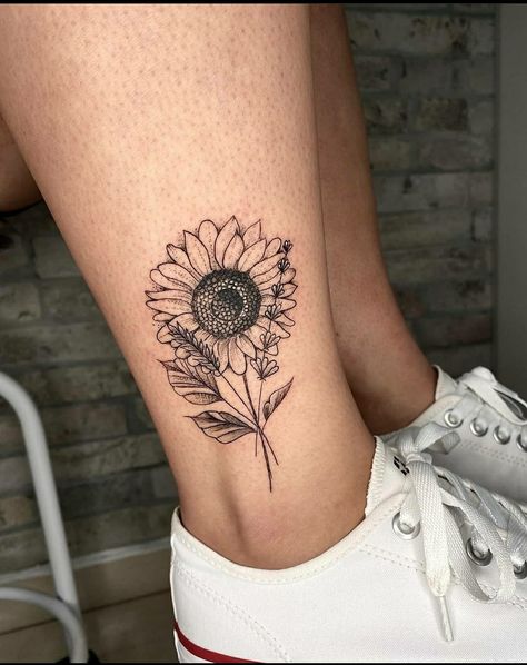 Sunflower Shin Tattoo, Sunflower Anklet Tattoo, Ankle Sunflower Tattoo, Sunflower Ankle Tattoo, Upper Leg Tattoos Women, Moving Forward Tattoo, Sunflowers Tattoos, Upper Leg Tattoos, Shin Tattoo