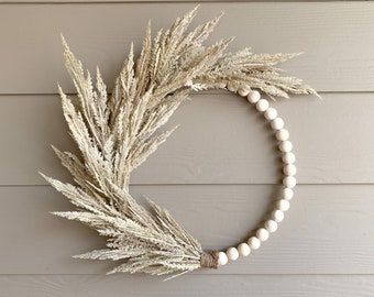 Neutral Front Door, Pampas Grass Wreath, Wood Bead Wreath, Beige Nursery, Bead Wreath, Grass Wreath, Ring Wreath, Boho Wreath, Makramee Diy