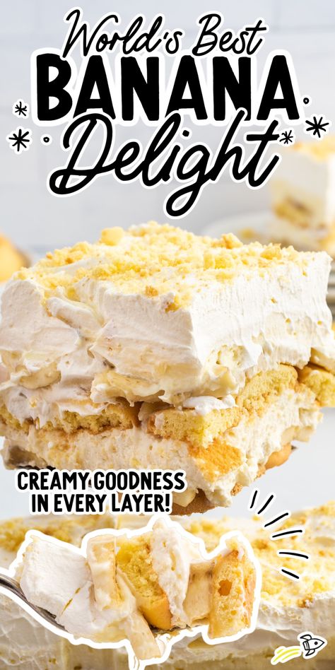 It’s time to get tropical with this creamy layered banana delight. The delicious dessert is the perfect mix of sweet cream cheese, banana pudding, and fluffy whipped cream, with a little crunch from the vanilla wafer crust. Pudding Delight Dessert, Banana Pudding Nilla Wafer Recipes, Layer Dessert Recipes Puddings, Banana Pudding Made With Cream Cheese, Banana Pudding Delight, Banana Cream Pudding Recipes, Banana Pudding Delight Recipe, Banana Pudding Crunch Cake, Banana Pudding Cheesecake Delight