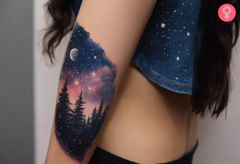 Sunset Sleeve Tattoo, Starry Sky Tattoo, Aurora Borealis Tattoo, Night Sky Tattoo, Lights Tattoo, Night Sky Tattoos, Northern Lights Tattoo, Watercolor Tattoo Ideas, Colour Tattoo For Women