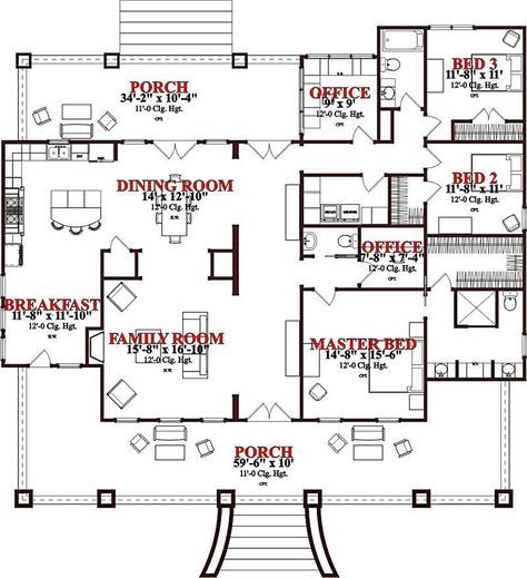 Bentley_Place_II_Bentley_Place_II_1st_800 3500 Sq Ft House Wrap Around Porch Simple, Modern Wrap Around Porch Brick, Brick Ranch House With Wrap Around Porch, Barndominium Floor Plans, Craftsman Style House Plans, Cottage Plan, Mediterranean Homes, House Blueprints, Bedroom House Plans