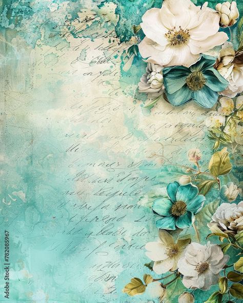 Vintage White Flowers on Rustic Turquoise Background in Distressed Grunge Style Stock Illustration | Adobe Stock Decoupage Paper Printable Vintage, Decoupage Paper Printable, Vintage Paper Printable, Decoupage Decor, Free Vintage Printables, Turquoise Background, Printable Scrapbook Paper, Vintage Junk Journal, Backgrounds Phone Wallpapers