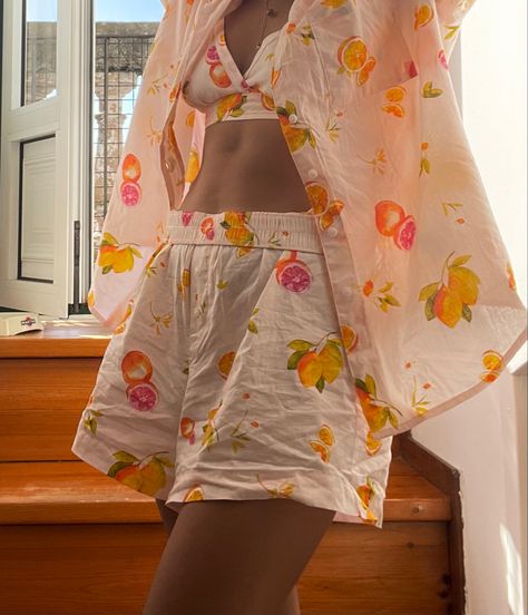 Cotton Pjs Aesthetic, Cute Floral Pajamas, Fruit Aesthetic Outfit, Summer Pjs Aesthetic, Fruit Clothes Aesthetic, Aesthetic Pajama Set, Fruit Pjs, Colorful Pjs, Orange Pjs