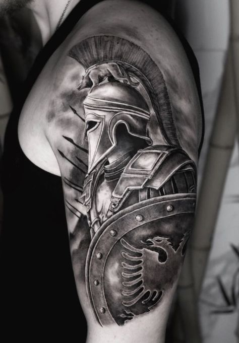 Tattoo Gladiator, Albanian Tattoo, Sparta Tattoo, Bushido Tattoo, Armor Of God Tattoo, Arm Cover Up Tattoos, Shoulder Armor Tattoo, Warrior Tattoo Sleeve, Shield Tattoo