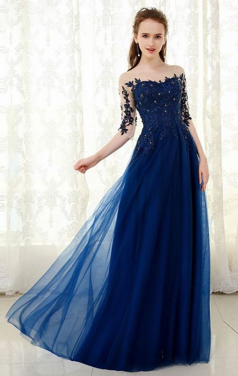 Long gown ideas Formal Dress Party, Navy Blue Prom Dress, Bead Applique, Blue Formal Dress, Evening Fashion, Dresses Tulle, Color Rush, Blue Dress Formal, Blue Tulle