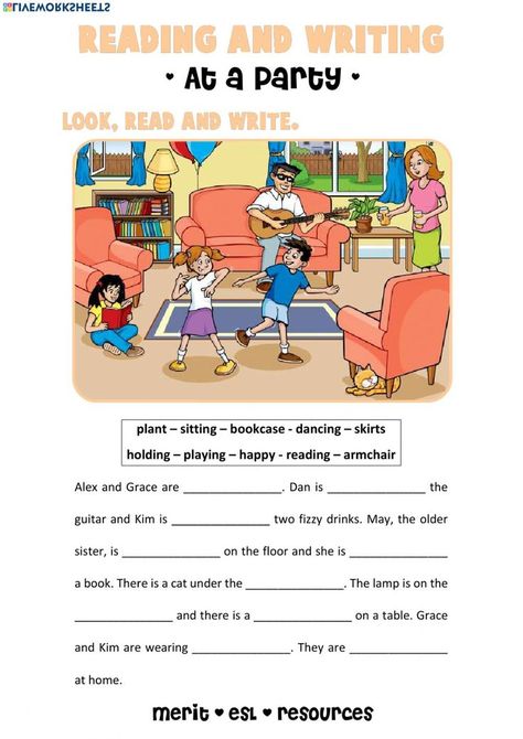 Reading and Writing - At a Party - Interactive worksheet | Reading comprehension for kids, English lessons for kids, Reading comprehension kindergarten Writing Activities For Grade 3, Picture Comprehension Grade 2, Picture Composition For Grade 4 English, Picture Reading For Kids, Picture Composition For Grade 3, Picture Composition For Class 2, Reading And Writing Worksheets, Comprehension Kindergarten, Writing Comprehension