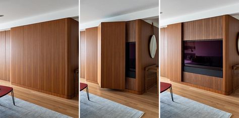 A Wood Paneled Wall Opens To Reveal A Hidden TV Inside This New York Apartment by Pulltab Design Decor To Hide Tv Cords, Television Wall Ideas, Global Architecture, Television Wall, Large Bookshelves, Hidden Tv, Living Tv, Screen House, Folding Walls