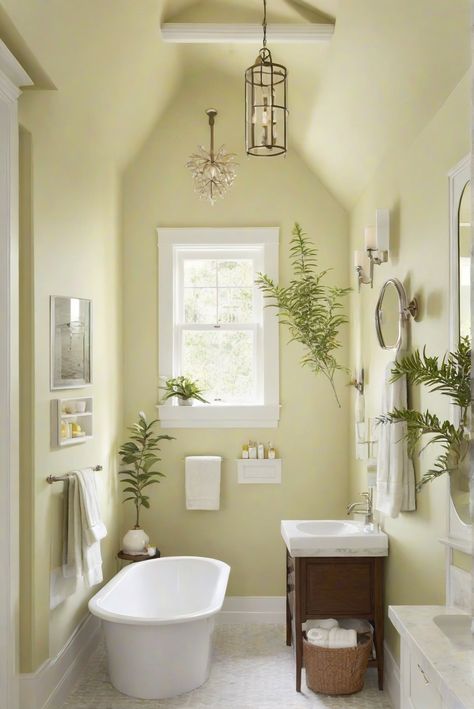 Explore how Lemon Verbena (SW 7726) can transform your bathroom into a citrussy oasis as part of your daily interior designer routine. Unwind in style and serenity. #Ad #homedecor #homedesign #bathroom #Painthome interiorarchitecture best Wall Colors for Bathroom Colors Bright Room Colors best colors combinations bathroom bathroom Remodeling Modern Paint Colors 2024 Yellow And Sage Bathroom, Light Green Washroom, Yellow Spa Bathroom, Pale Yellow Bathroom Walls, Bathroom Wall Color, Pale Yellow Bathroom Tile, Bright Room Colors, Bathroom Color Palette, Bathroom Wall Colors