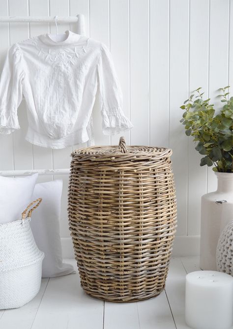 Casco Bay Grey basketware Laundry Basket with lid basket from The White Lighthouse White Living Room Furniture, Small Narrow Bathroom, Narrow Bathroom Cabinet, Bathroom Drawer Storage, Narrow Bathroom Storage, New England Furniture, Bedroom Moodboard, White Bathroom Storage, England Country