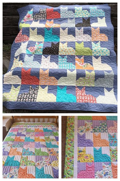 Pins and Paws Cat Quilt Free Sewing Pattern | Fabric Art DIY Quilt Cats Free Pattern, Pins And Paws Cat Quilt, Cat Patchwork Quilt, Pins And Paws Quilt Pattern, Cat Quilts Free Pattern, Easy Cat Quilt Patterns Free, Cat Quilt Blocks Free Pattern, Cat Quilt Patterns Templates, Cat Pattern Free Sewing