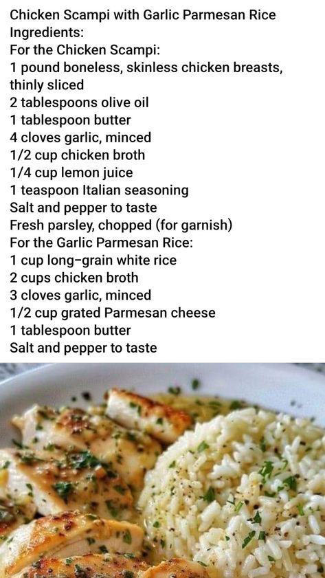 Chicken Scampi w Garlic Parm Rice Garlic Parm Rice, Chicken Scampi With Garlic Parmesan Rice, Parm Rice, Chicken Scampi Olive Garden, Chicken Scampi, Chicken Dinners, Recipe Chicken, Easy Delicious Recipes, Easy Delicious