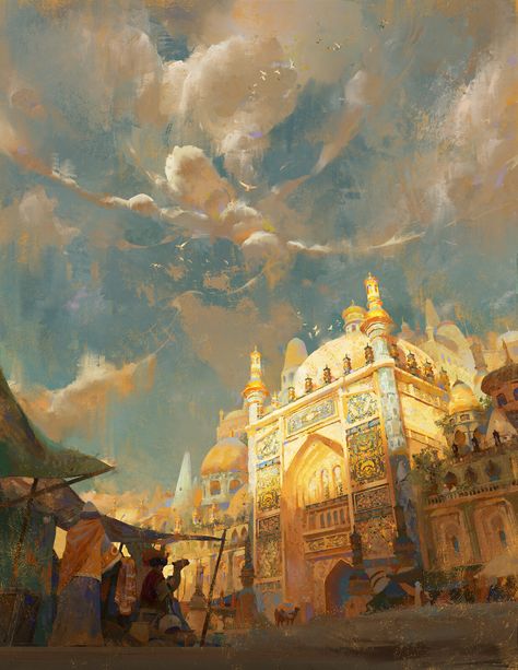 Fantasy Arabian City, Futuristic Arabian City, Arabian City Fantasy Art, Gold City Fantasy Art, Middle East Fantasy Art, Arabian Art Paintings, Arabian Fantasy Art, Orientalism Art, Middle East Art