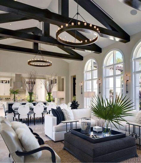 Interior Designs Living Room Black Wood Beams Vaulted Ceilings Mediterranean Style Living Room, Beige Living Room Decor, Vaulted Ceiling Ideas, Beams Living Room, Mediterranean Living Room, Colonial Home Decor, California Decor, Vaulted Ceiling Living Room, Living Room Black