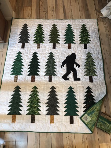 Bigfoot Quilt Pattern, Sasquatch Quilt, Bigfoot Quilt, Bigfoot Embroidery, Porch Quilts, Camp Quilt, Camping Quilt, Boys Quilt Patterns, Custom Quilting