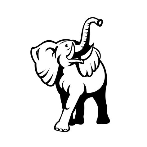 Elephant With Long Tusk Looking Up Mascot Retro Black and White Animals Walking, Elephant Stencil, African Safari Animals, Book Cover Art Design, Elephant Svg, House Models, Elephant Silhouette, Elephant Coloring Page, Black Art Painting