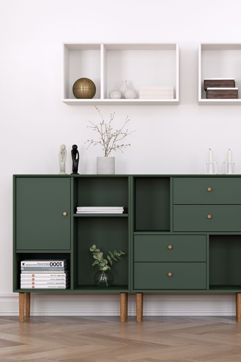 Hanging Drawers On Wall, Office Console Cabinet, Green Cabinet Living Room, Low Cabinets Living Room, Low Storage Cabinet, Scandinavian Storage Ideas, Scandinavian Storage, Scandinavian Cabinets, Modern Storage Furniture