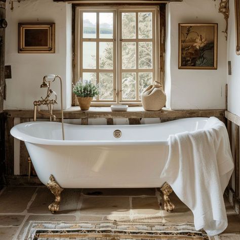 Rustic Bathroom Decor with a Clawfoot Tub Bath In Front Of Window, Countryside Bathroom, Claw Bathtub, Cottage Core Bathroom, Clawfoot Tub Bathroom, Bathroom Things, Serene Bathroom, Mid Century Minimalist, Italian Interior Design