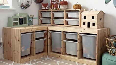 From produce storage to rotating shelves, there's more to IKEA's affordable Trofast line than just toy storage. These DIY hacks are both simple and stylish. Toy Storage Corner Living Room, Ikea Trofast Corner Hack, Trofast Stacked, Trofast Corner, Trofast Hack Playrooms, Corner Toy Storage, Rotating Shelves, Trofast Ikea, Toddler Boy Room Decor