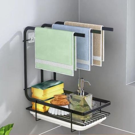 Towel Rack Kitchen, Kitchen Organization Wall, Toallero Ideas, Kitchen Towel Rack, Kitchen Sink Caddy, Sink Tray, Swedish Dishcloths, Tiered Shelf, Wall Mounted Table